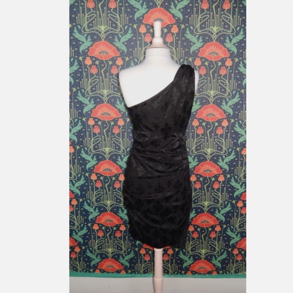 Nicole Miller Collection One Shoulder Dress Black Fleur De Lis Jacquard Cocktail - Picture 6 of 6